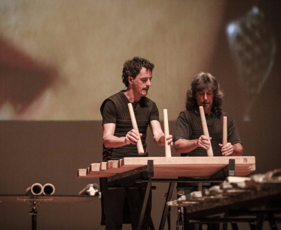 Oreka TX txalaparta players perform at the National Concert Hall of Taipei